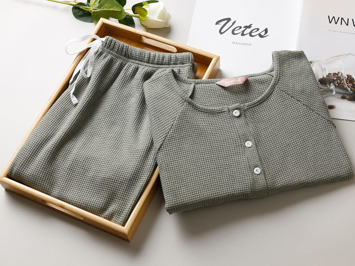 Womens 2 Piece Waffle Knit Lounge Sets Outfits, Pajamas Set Short Sleeve Button Pullover Jogger Pants Sweatsuits