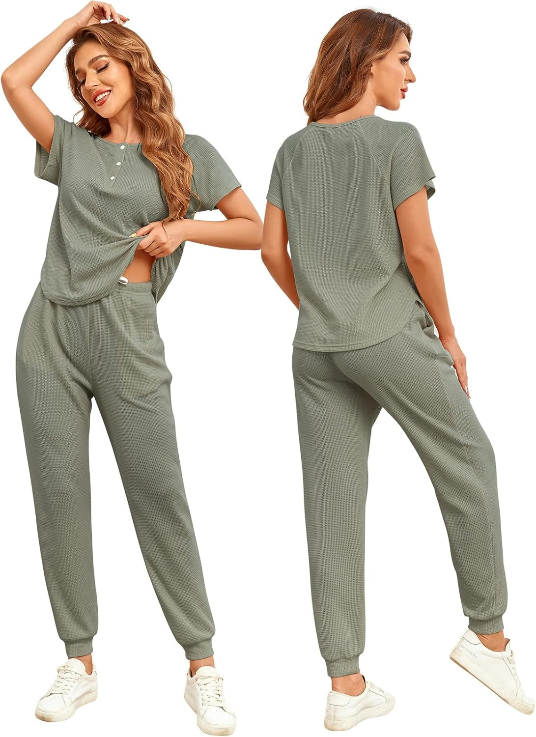 Womens 2 Piece Waffle Knit Lounge Sets Outfits, Pajamas Set Short Sleeve Button Pullover Jogger Pants Sweatsuits