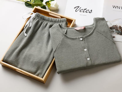 Womens 2 Piece Waffle Knit Lounge Sets Outfits, Pajamas Set Short Sleeve Button Pullover Jogger Pants Sweatsuits