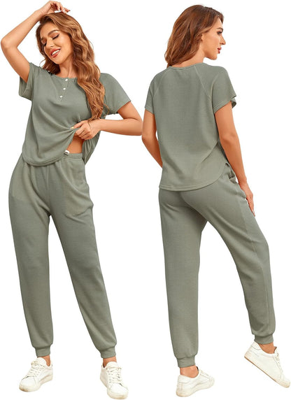 Womens 2 Piece Waffle Knit Lounge Sets Outfits, Pajamas Set Short Sleeve Button Pullover Jogger Pants Sweatsuits