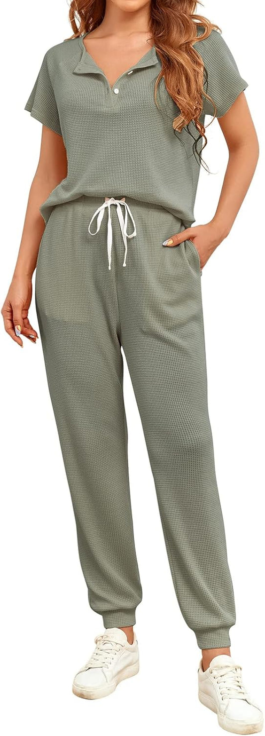 Womens 2 Piece Waffle Knit Lounge Sets Outfits, Pajamas Set Short Sleeve Button Pullover Jogger Pants Sweatsuits
