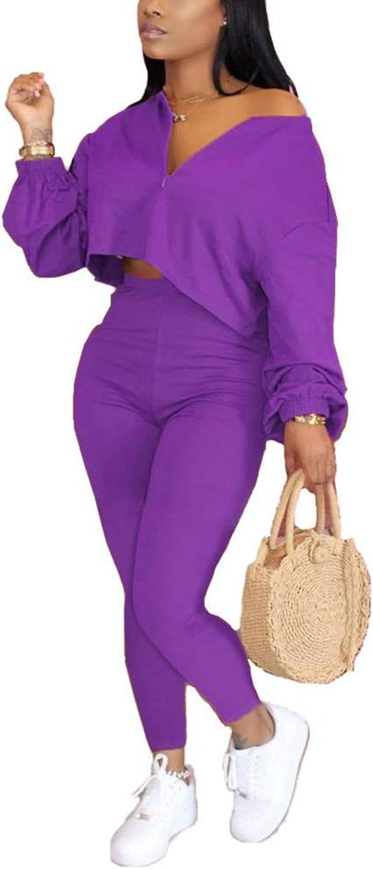 Womens Two Piece Tracksuit Set Casual Zipper Crop Top + Bodycon Pants Sweatsuit Jumpsuit Purple 4X